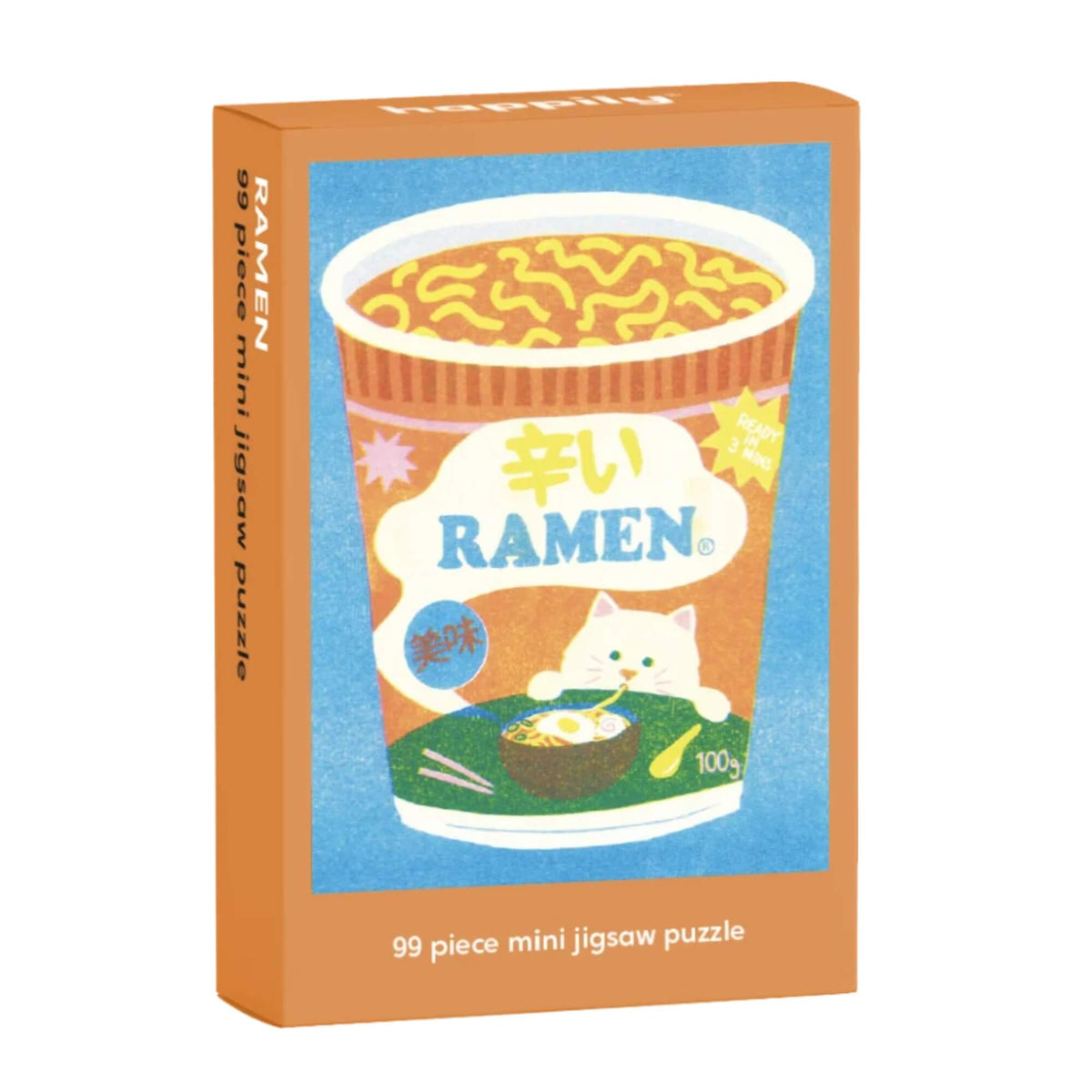 Ramen mini jigsaw puzzle box featuring colourful noodle pot illustration by Naomi Wilkinson