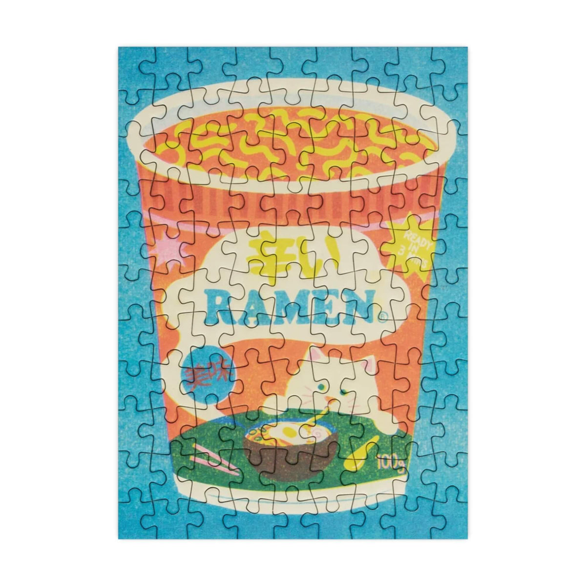 Completed Ramen 99 piece mini jigsaw puzzle featuring a colourful illustrated noodle pot