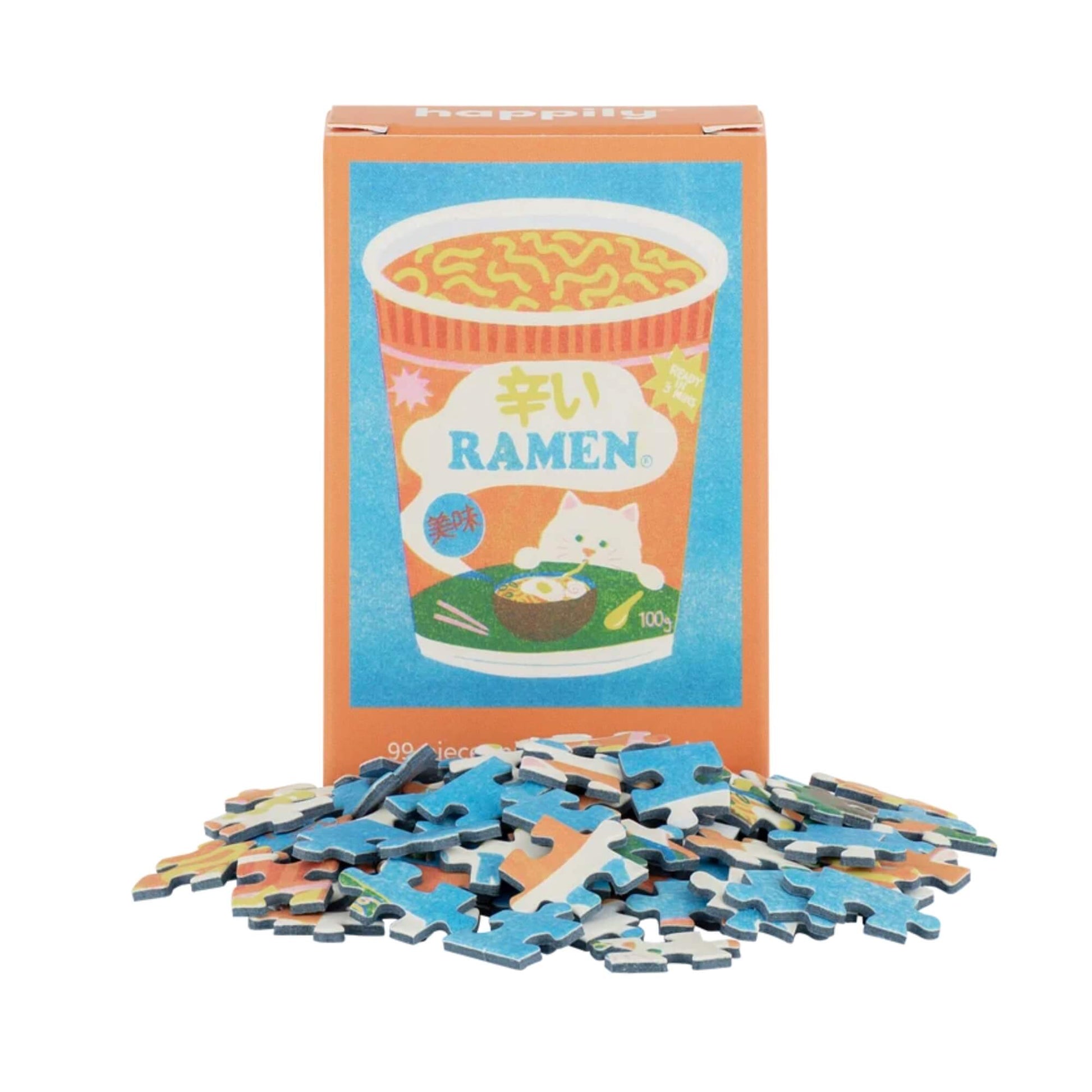 Ramen 99 piece mini jigsaw puzzle by Happily Puzzles with colourful pieces and orange box