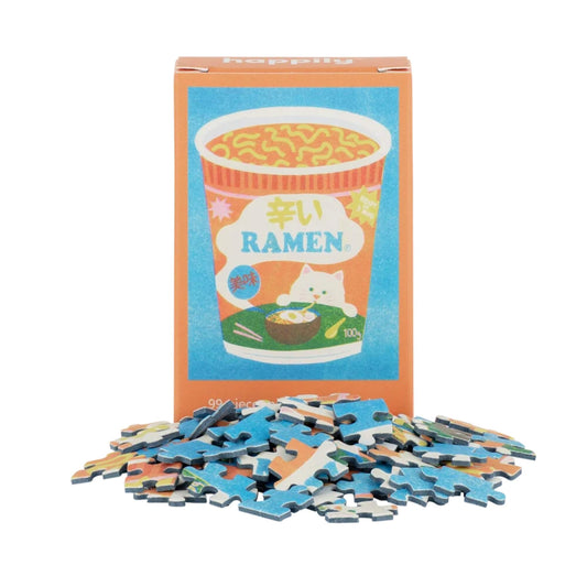 Ramen 99 piece mini jigsaw puzzle by Happily Puzzles with colourful pieces and orange box