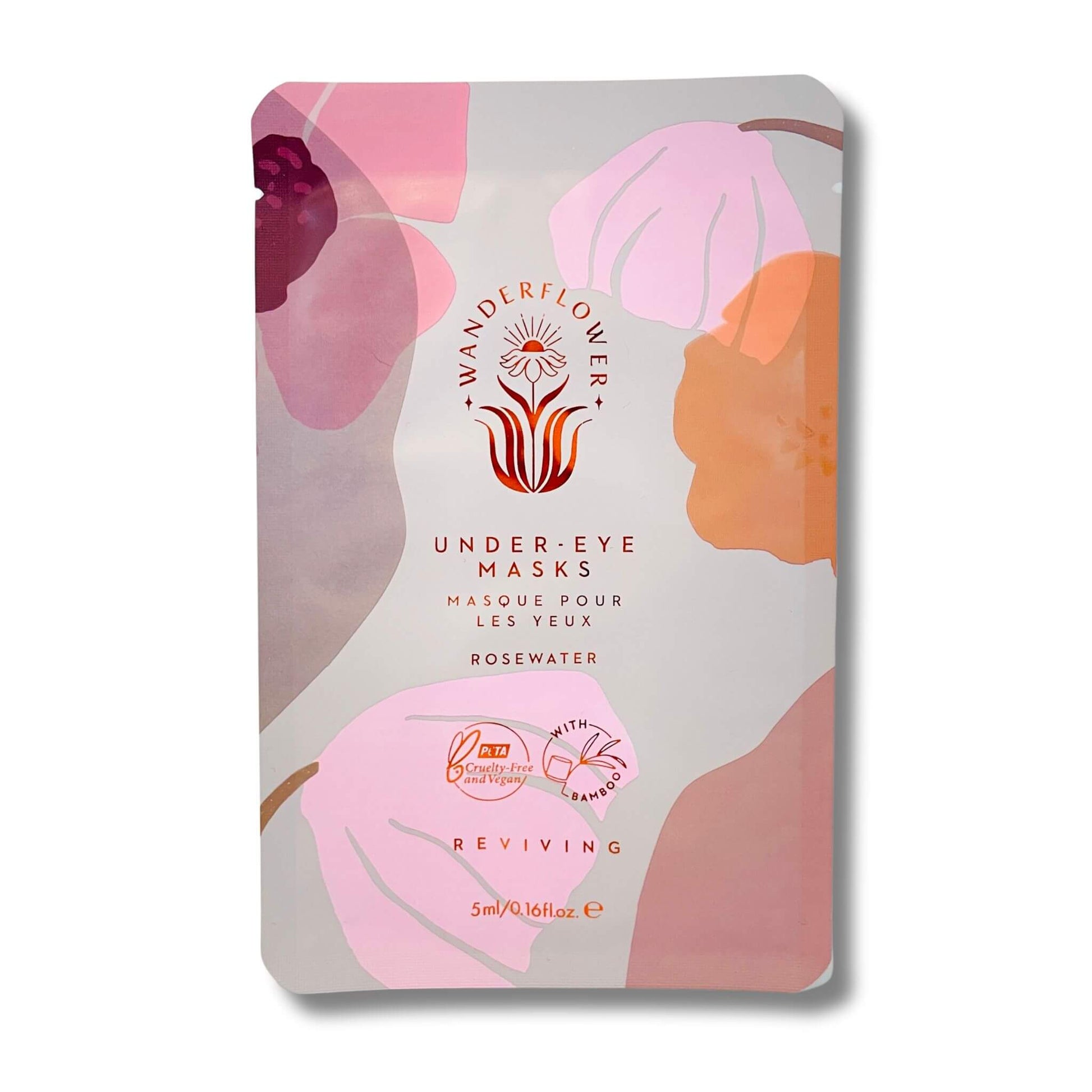 Reviving under eye masks with rosewater in a pink and purple packaging sachet