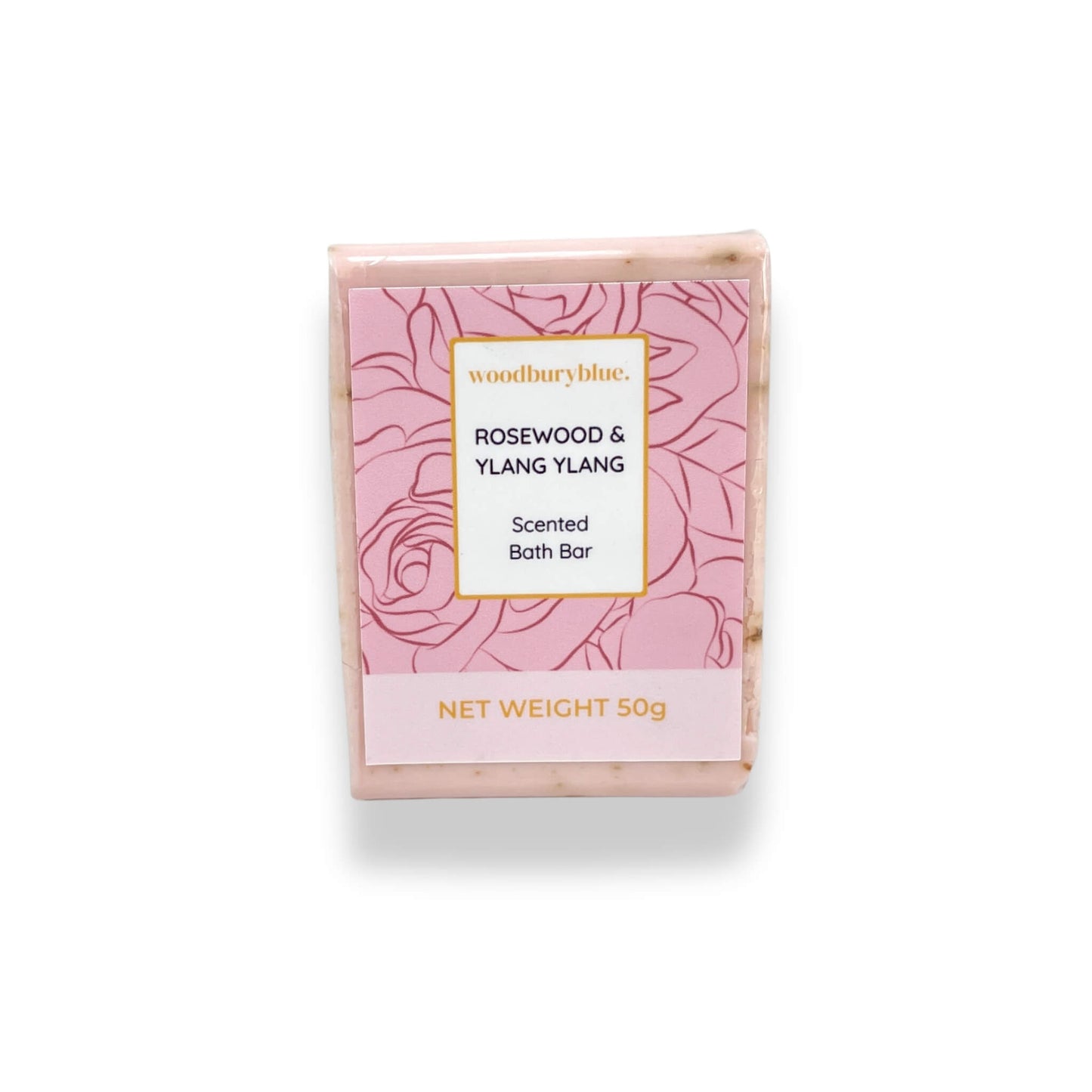 Rosewood and Ylang scented bath bar with pink floral design on a white background