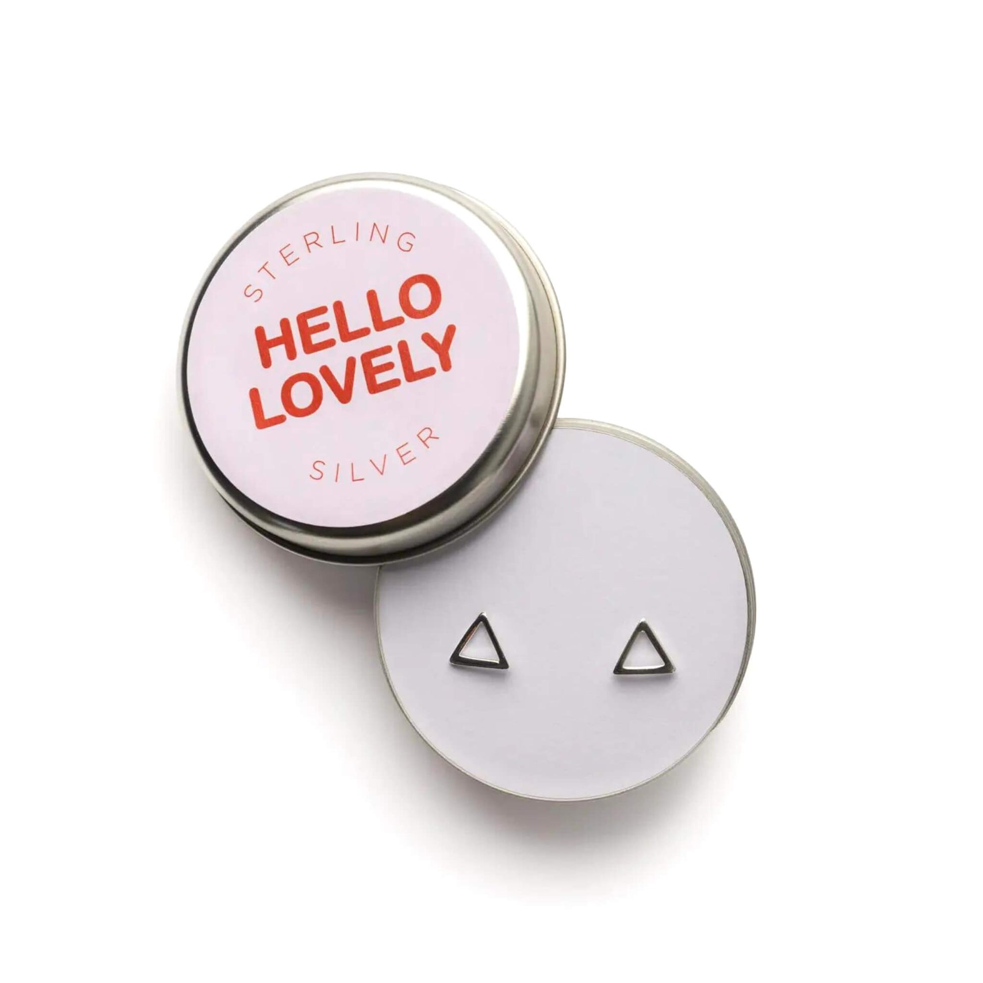 Sterling silver triangle stud earrings packaged in a tin with Hello Lovely on the front