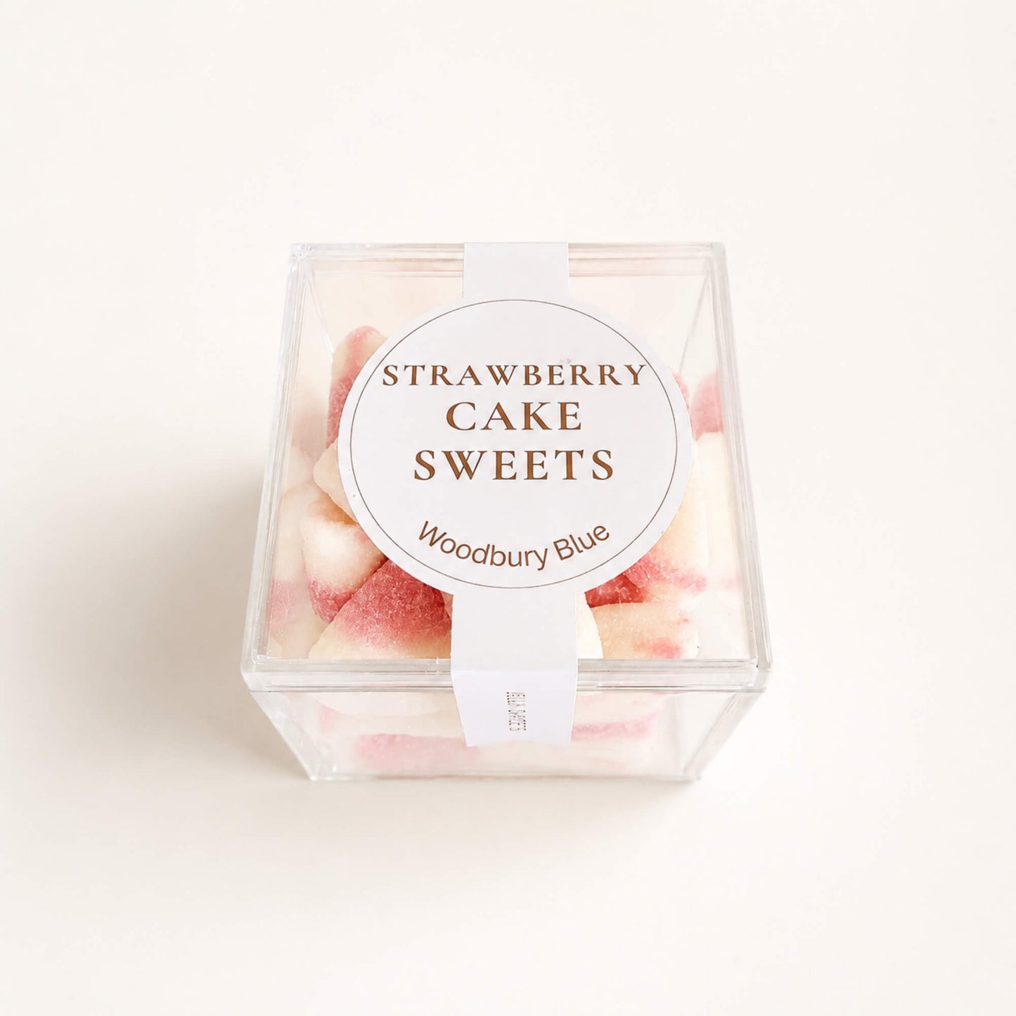 Strawberry Cake Jelly Sweets in a clear Woodbury Blue gift cube