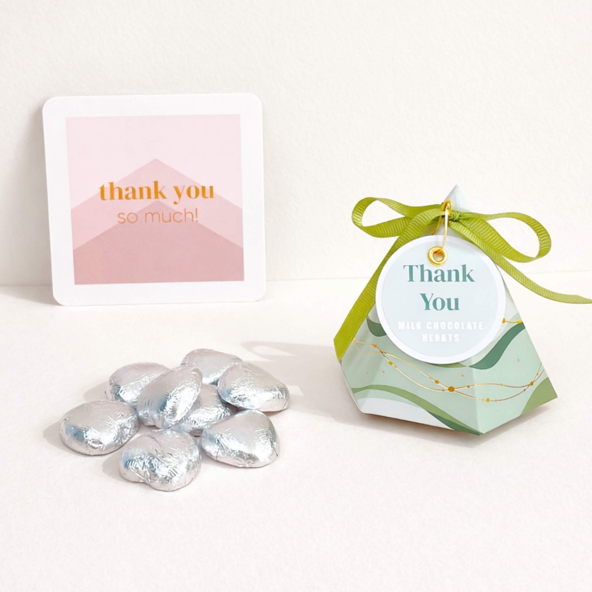 Thank you chocolate box with silver foiled milk chocolate hearts, gift tag, ribbon and thank you notecard