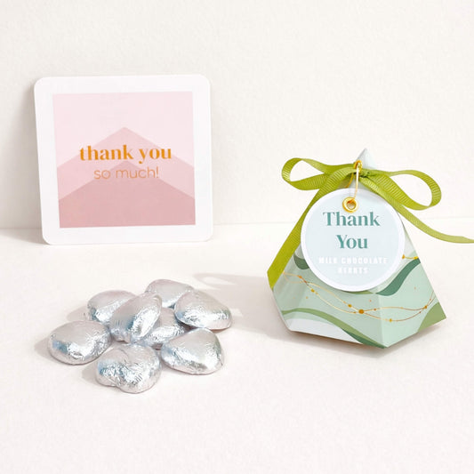 Thank you chocolate box with silver foiled milk chocolate hearts, gift tag, ribbon and thank you notecard