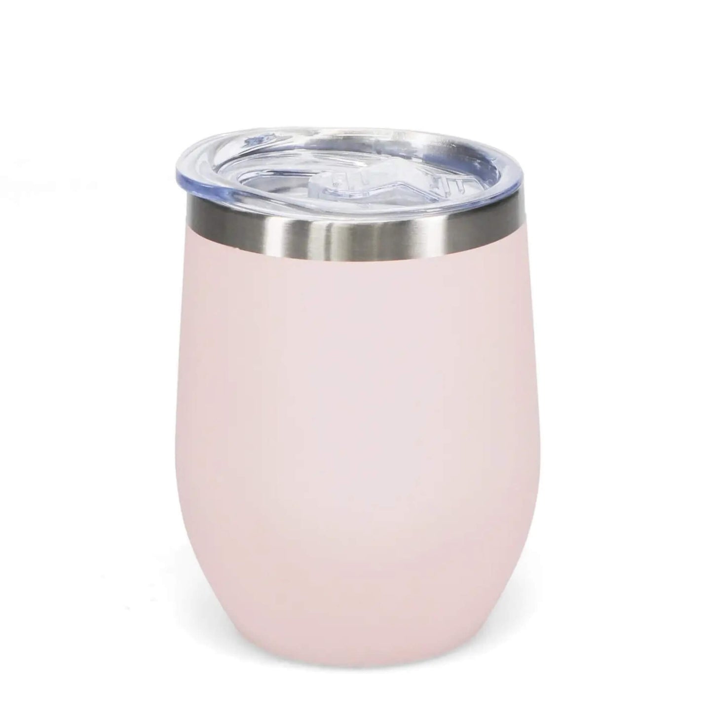 Soft touch rubber coated travel mug in soft pink, 350ml capacity