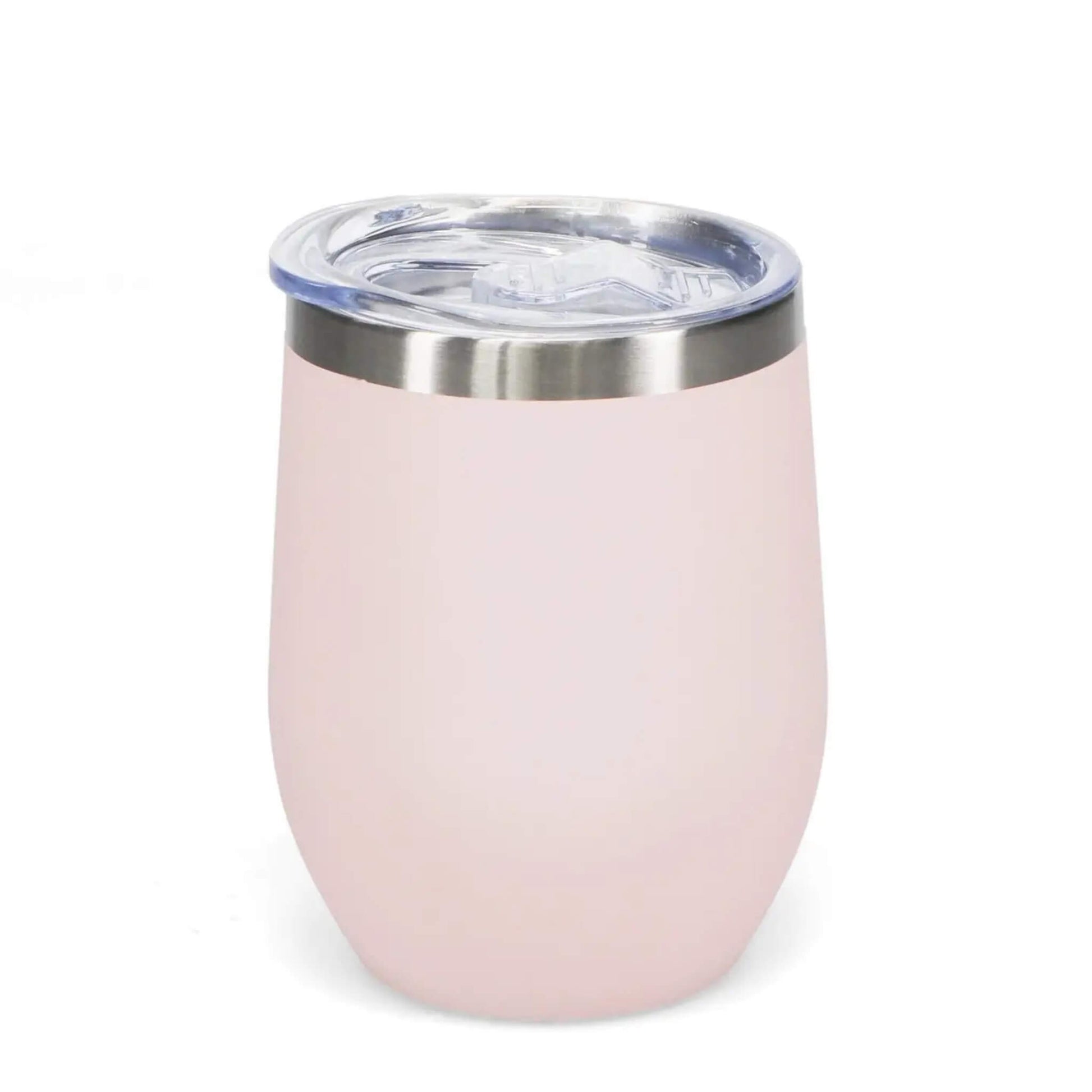 Soft touch rubber coated travel mug in soft pink, 350ml capacity