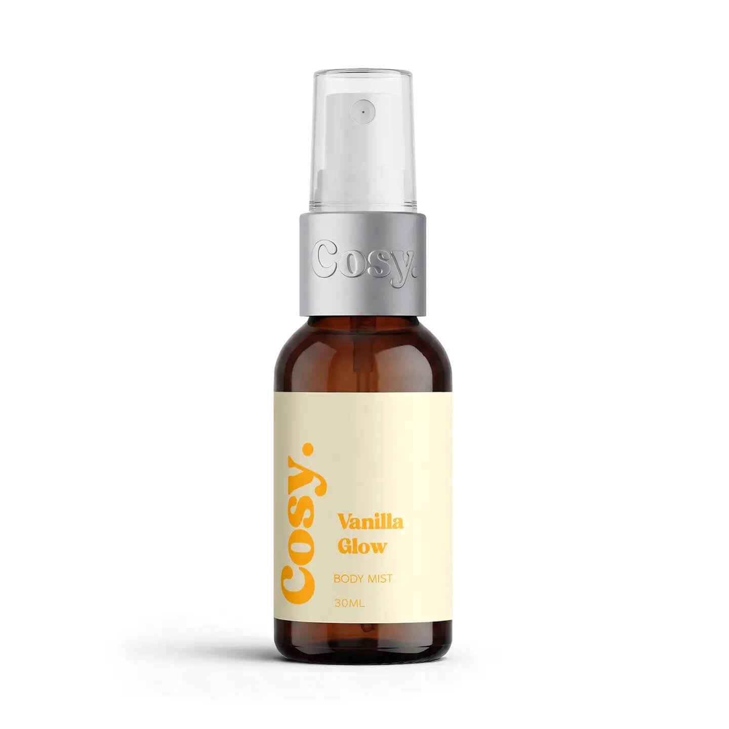 Vanilla Glow Body Mist 30ml by Cosy Cosmetics with a warm vanilla fragrance in a compact amber spray bottle.