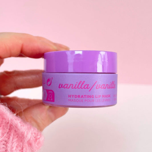 Hydrating vanilla lip mask in a purple pot