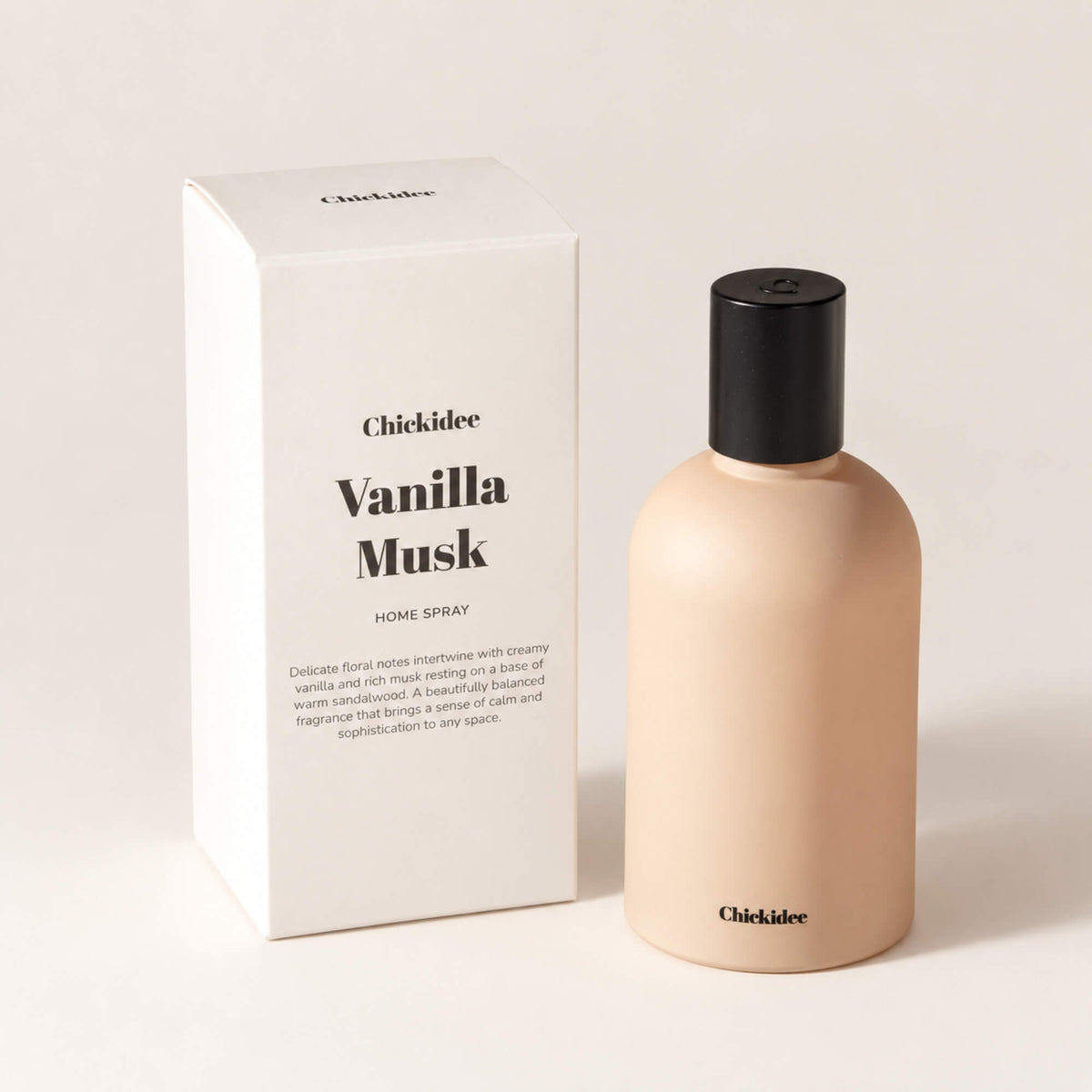Vanilla Musk 100ml room spray in a muted peach bottle with black cap and  Chickidee presentation box