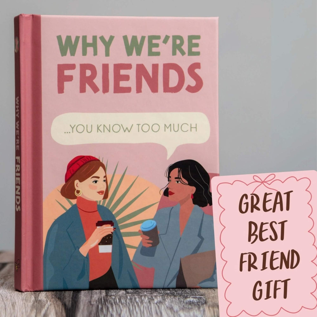 Why We’re Friends best friend gift book with pink illustrated cover and Great Best Friend Gift card beside it