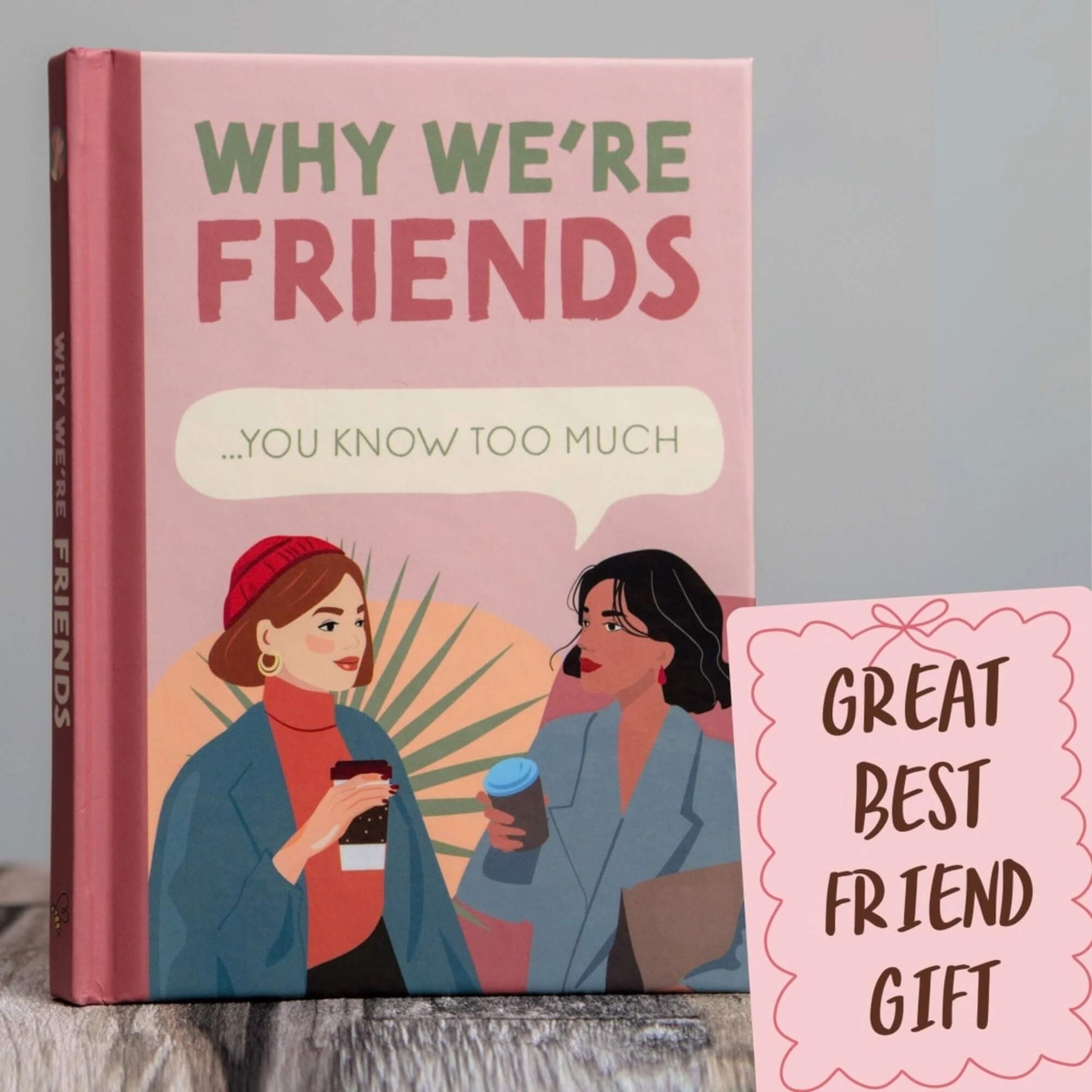 Why We’re Friends best friend gift book with pink illustrated cover and Great Best Friend Gift card beside it