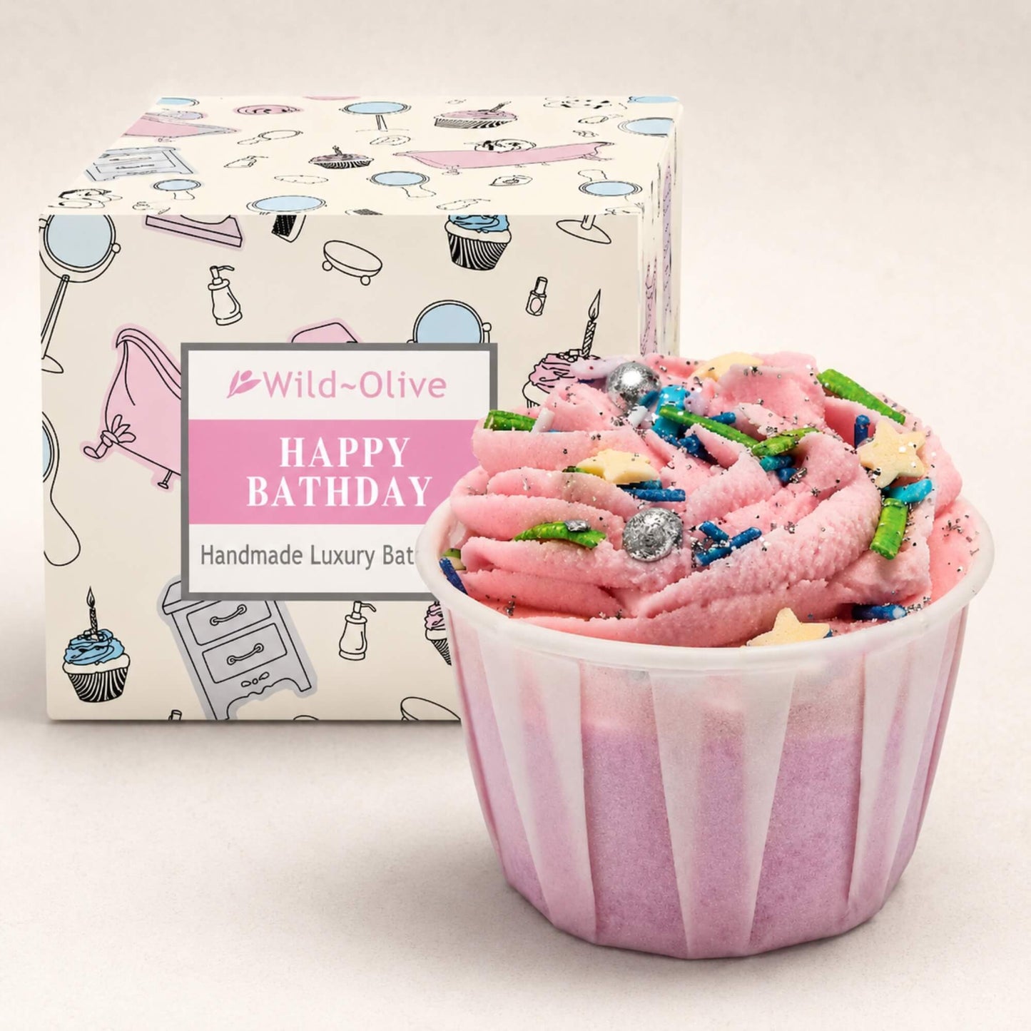 Wild Olive Happy Bathday cupcake bath melt with pink whipped topping, colourful sprinkles and matching birthday gift box.