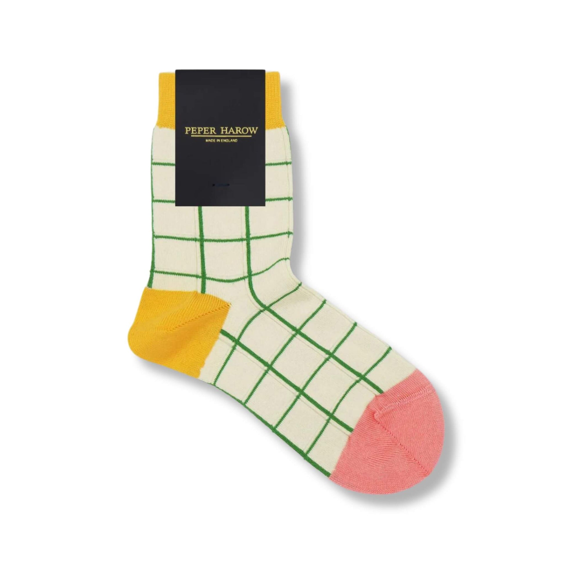 Women's luxury cream, pink and green socks with a grid pattern, made by Peper Harow