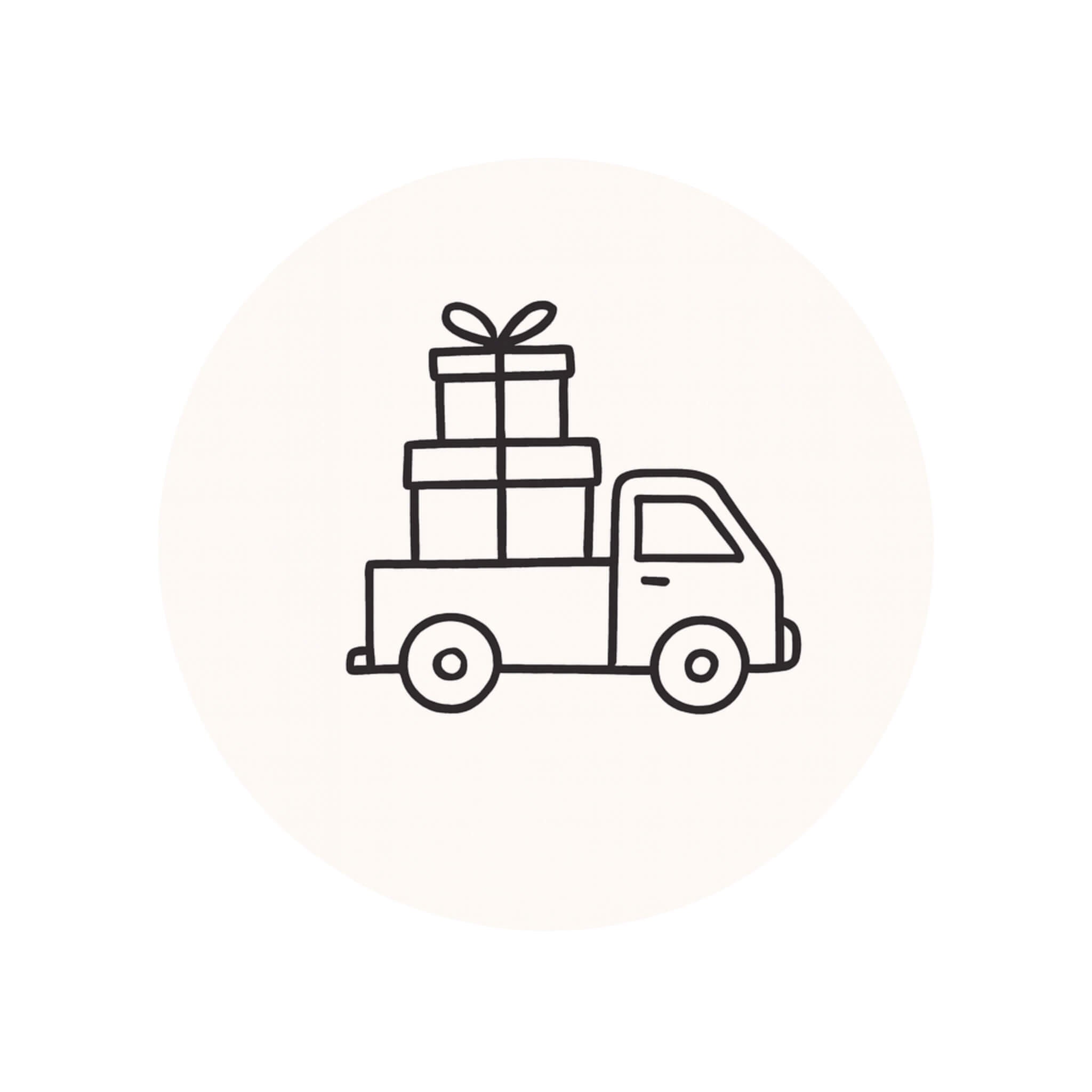 Simple line drawing of a delivery truck carrying gift boxes, representing Woodbury Blue’s free UK delivery on gift boxes