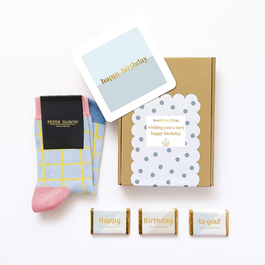 Happy Birthday Socks and Chocolates Gift Box with blue and yellow grid socks, birthday card and milk chocolate squares by Woodbury Blue.