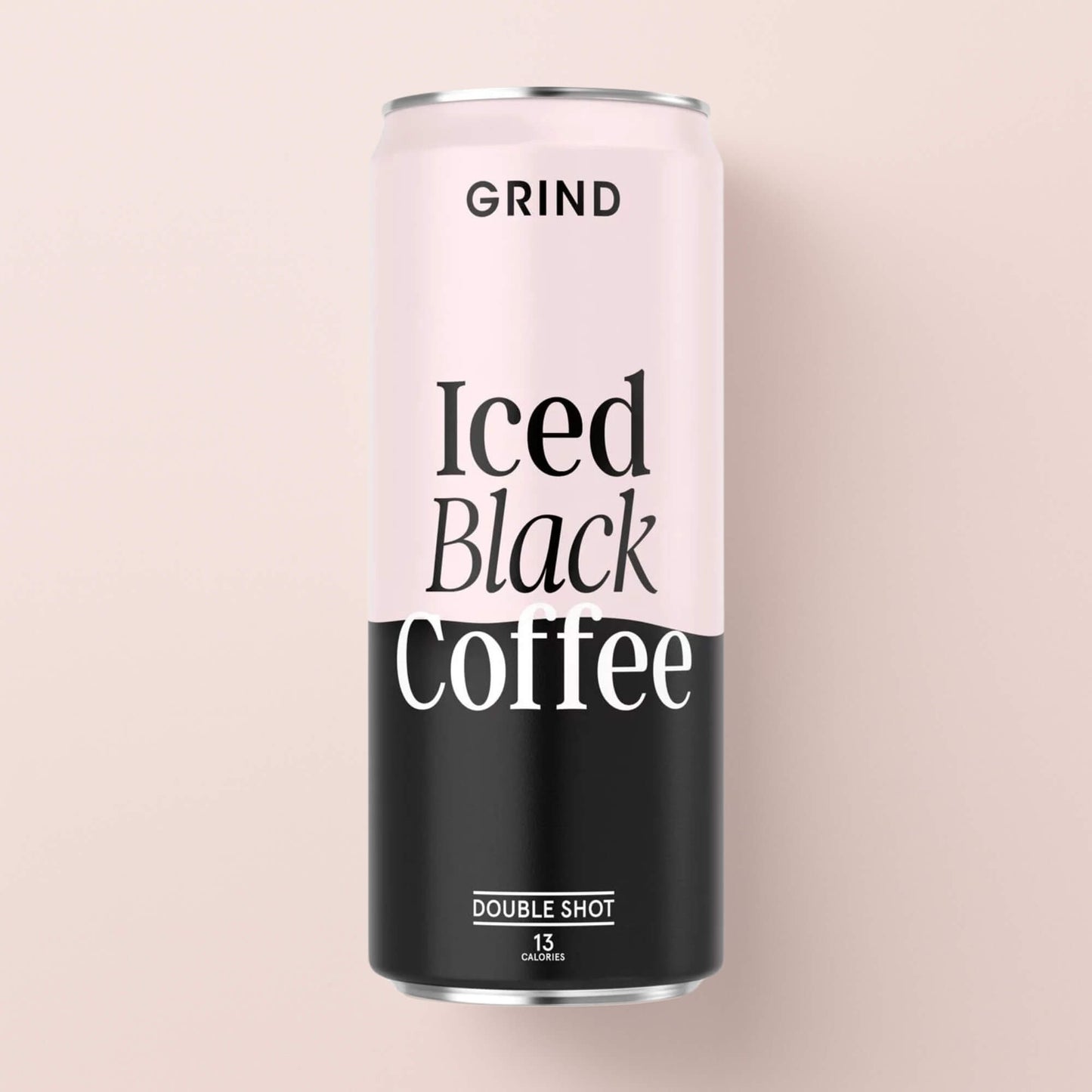 Front view of the Grind Iced Black Coffee 250ml can against a soft pink background, showing the label design and double shot marking.