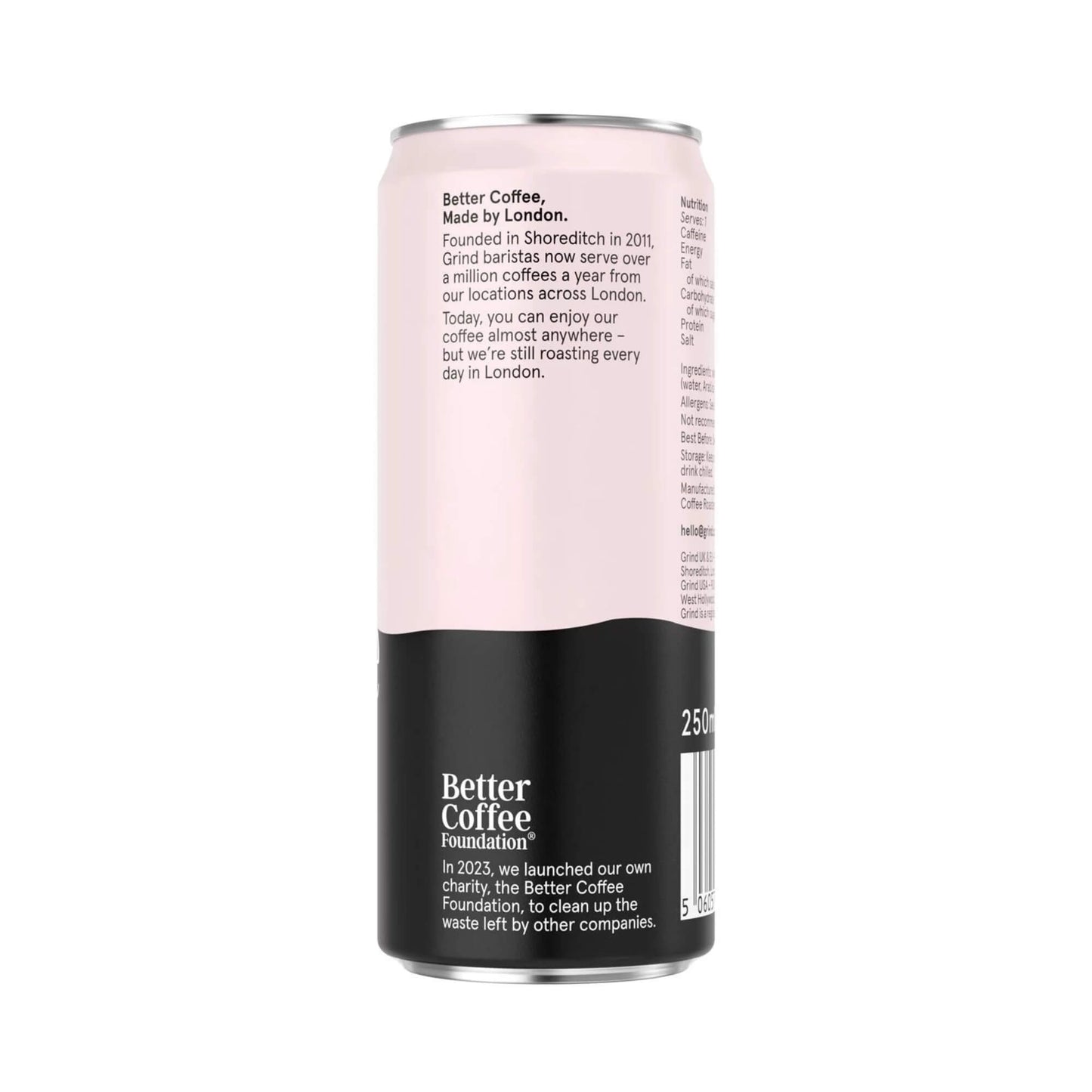 Side view of the Grind Iced Black Coffee can showing the brand story and Better Coffee Foundation message on a pink and black label.