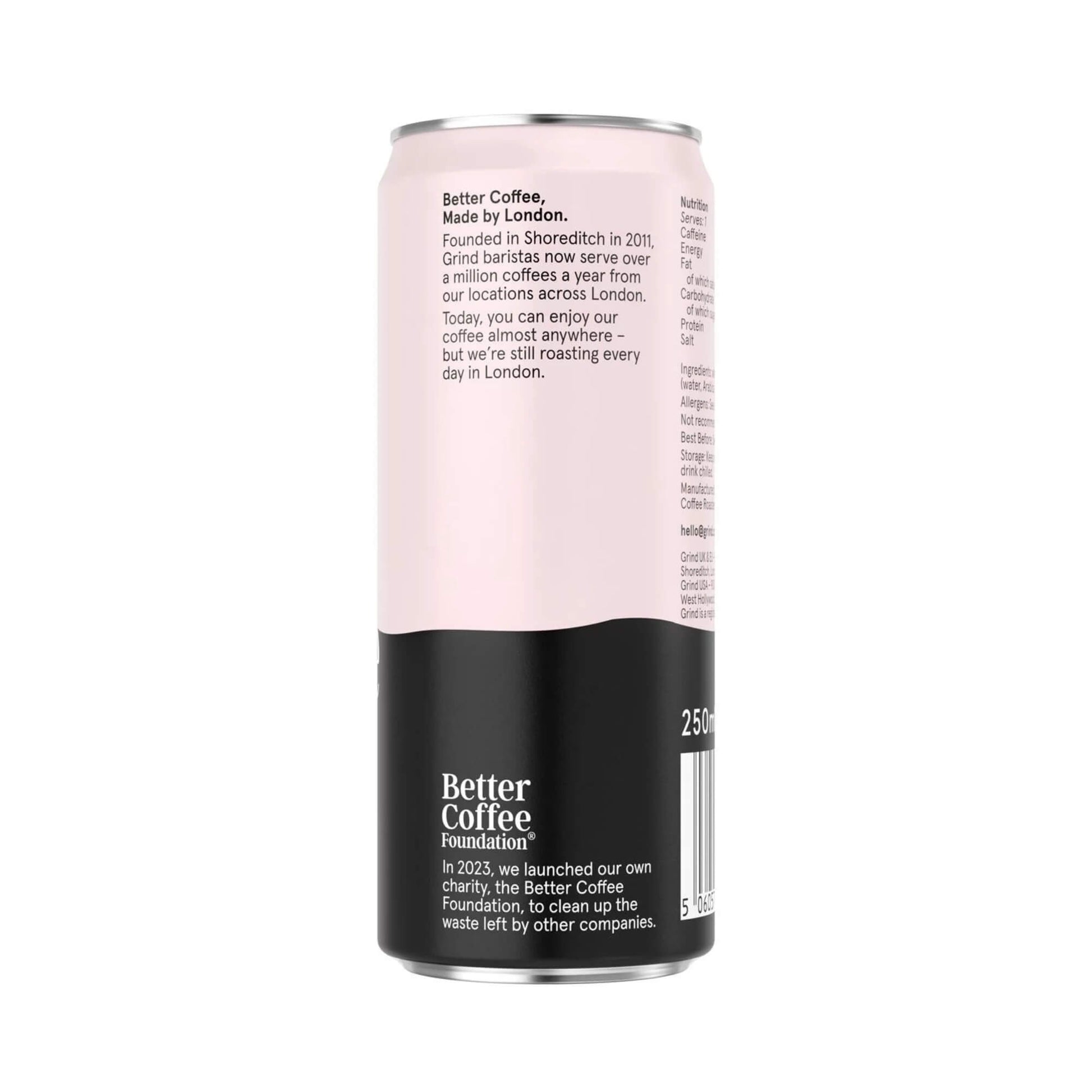 Side view of the Grind Iced Black Coffee can showing the brand story and Better Coffee Foundation message on a pink and black label.