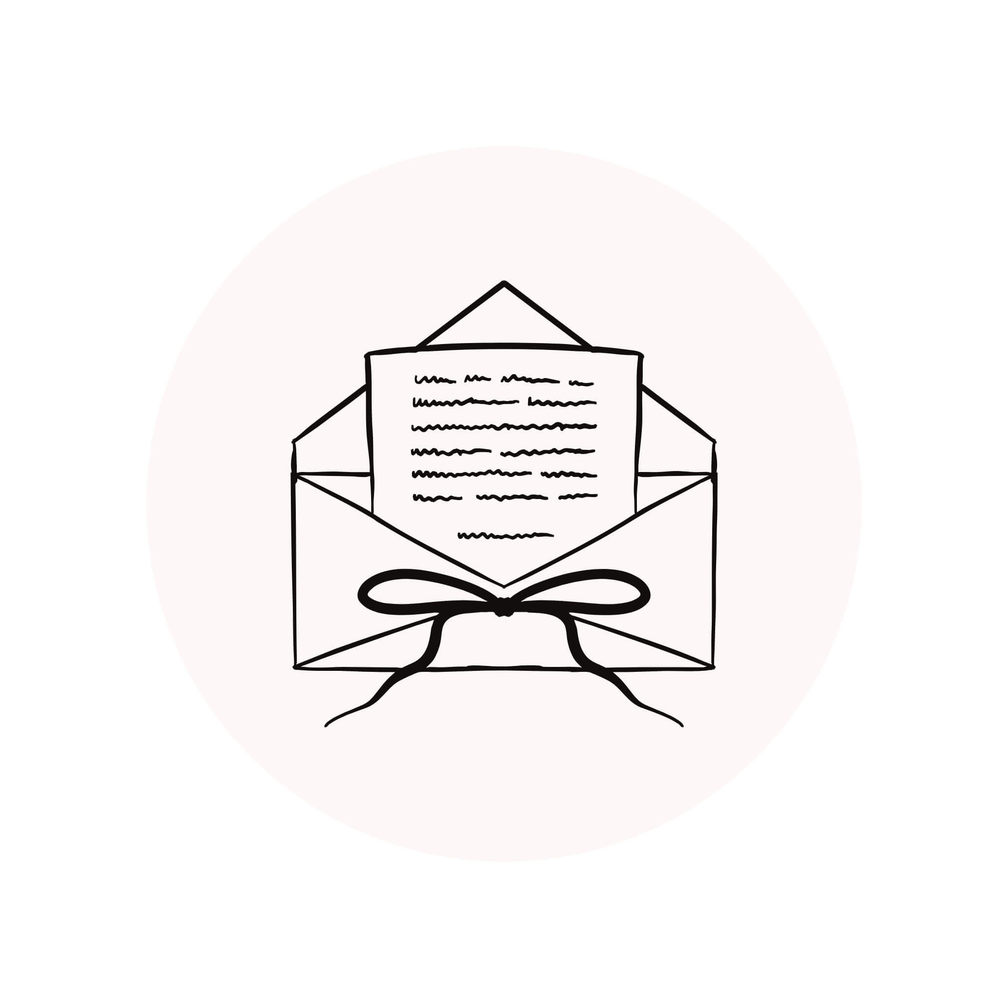 Minimal hand-drawn icon of an envelope with a handwritten note, symbolising the personal touch in Woodbury Blue gift boxes