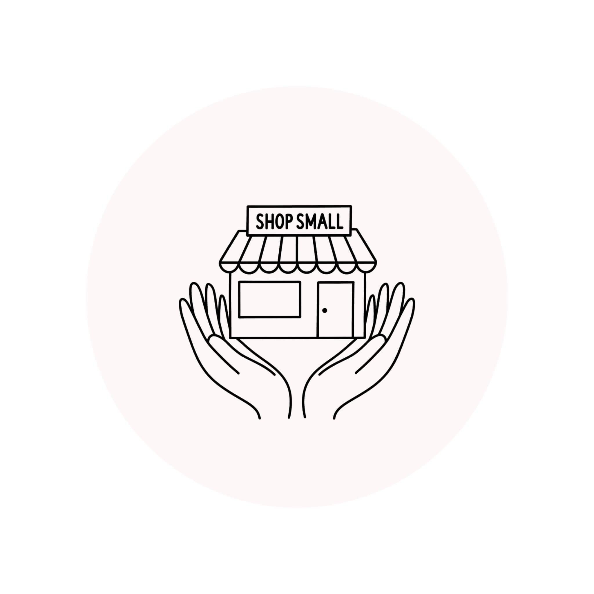Minimal illustration of hands holding a shop with a sign reading shop small, representing Woodbury Blue’s support for independent UK businesses