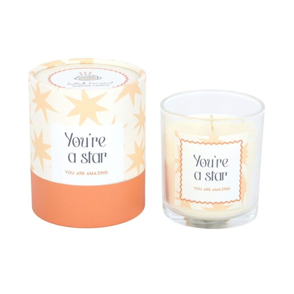 You're a Star Salted Caramel scented candle in clear glass holder with cream and peach tubular gift box