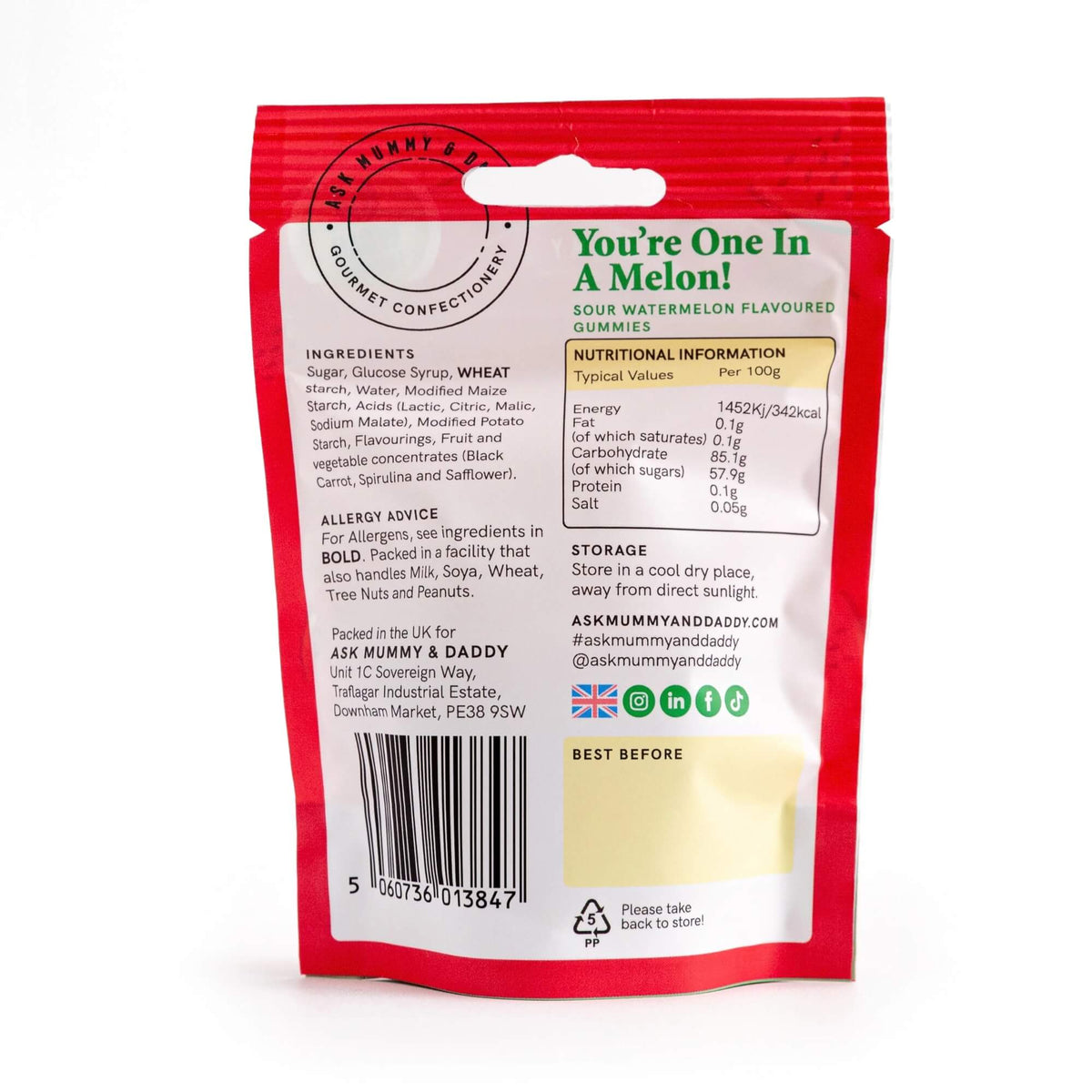 Back of You’re One in a Melon sour watermelon gummy sweets pouch showing ingredients and nutritional information