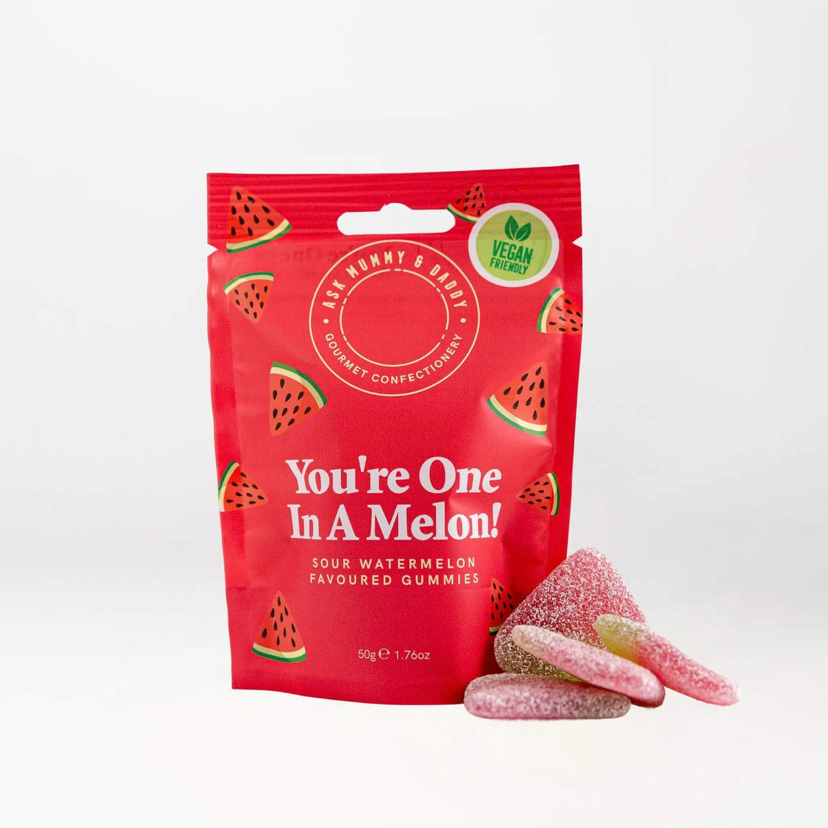 Ask Mummy & Daddy You’re One in a Melon sour watermelon gummy sweets in a red 50g pouch