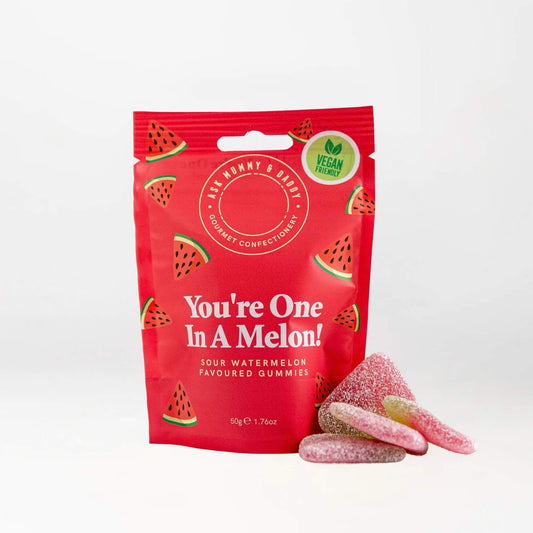 Ask Mummy & Daddy You’re One in a Melon sour watermelon gummy sweets in a red 50g pouch